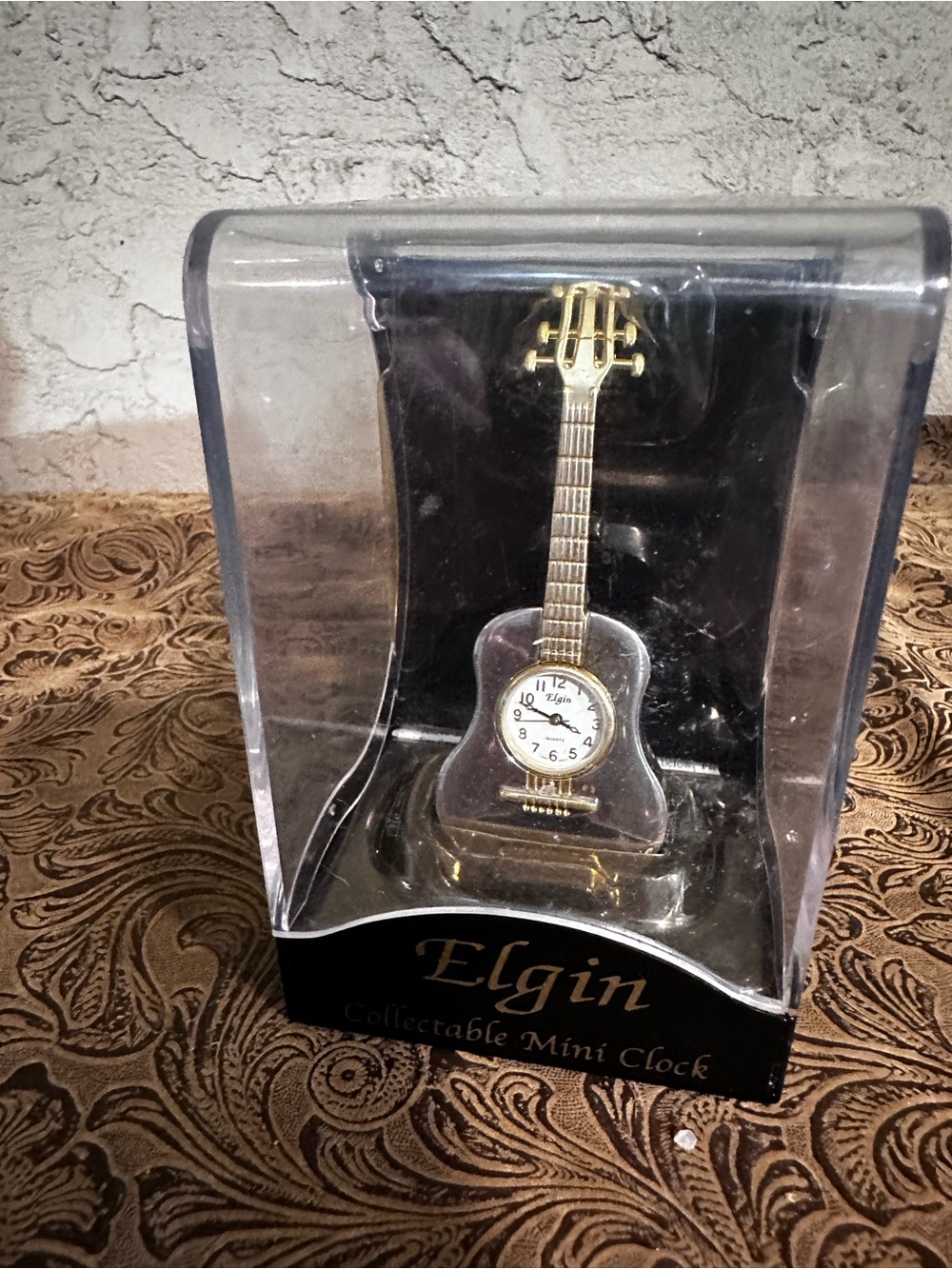 Elgin Gold and Clear Guitar Mini Collectable Clock